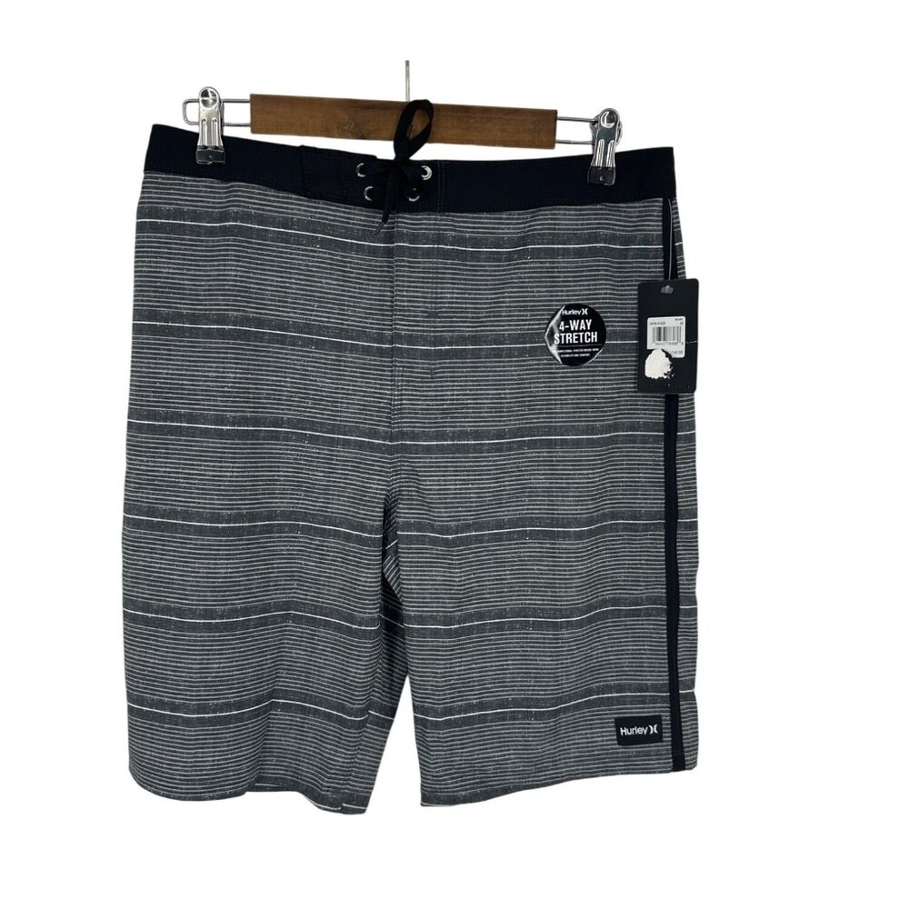 Hurley Mens 4-Way Stretch Striped Board Shorts Black & White Size 20/30